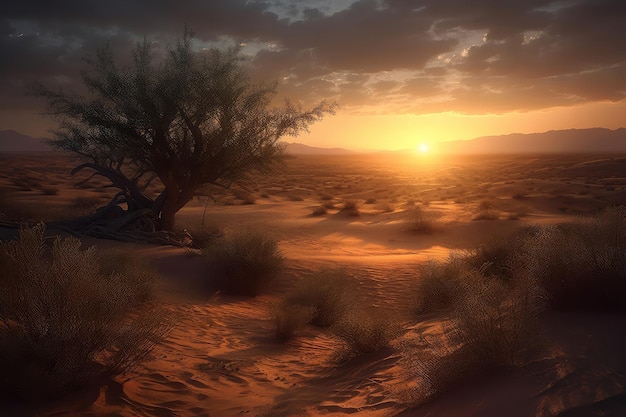 A sunset in the desert with a tree in the foreground