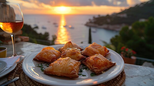 Photo sunset dinner with delicious appetizers