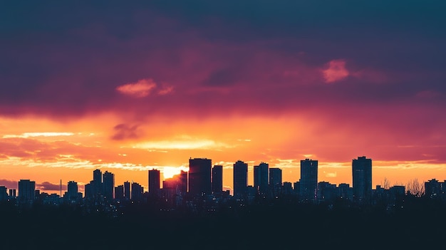 Photo sunset behind distant city skyline