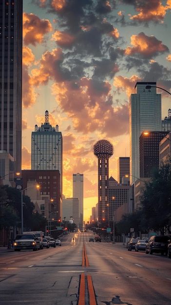 Photo sunset over downtown dallas with a view of city skyscrapers and vibrant clouds