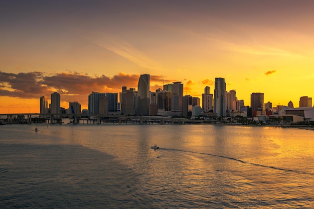 Sunset above Downtown Miami Skyline and Biscayne Bay