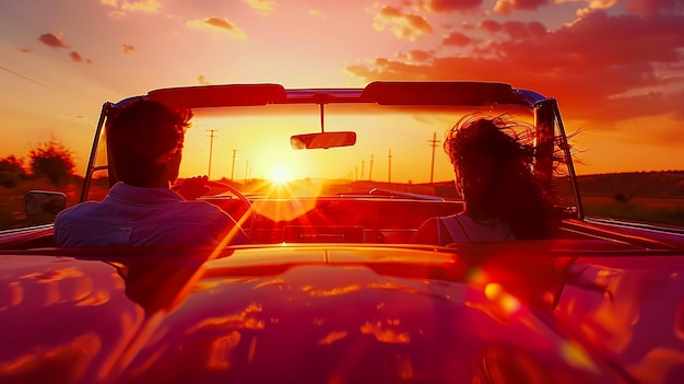 Photo sunset drive in a classic convertible car with two people on an open road enjoying golden hour