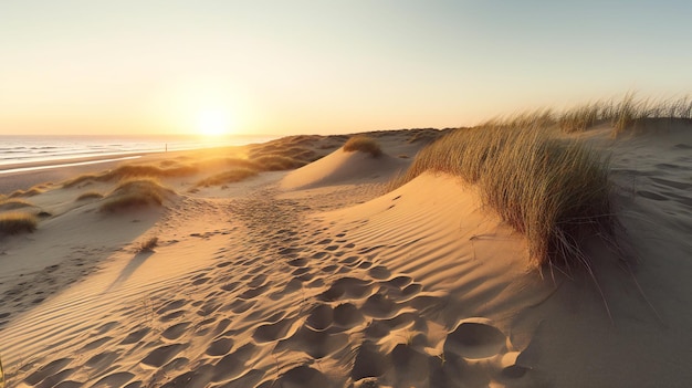 Sunset over dunes in the sand dunes of the Baltic Sea