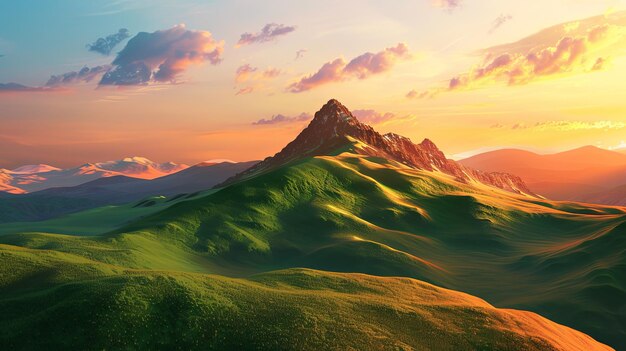 Sunset Embrace on Jagged Peaks and Verdant Hills