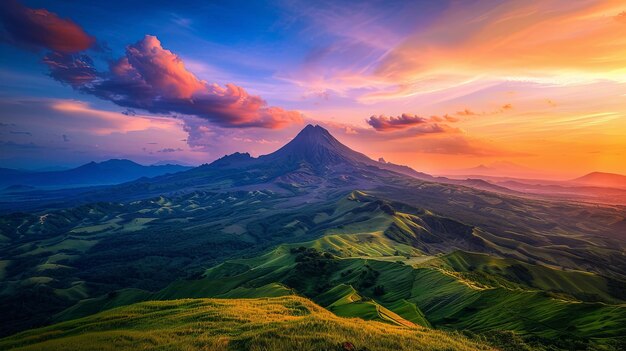 Sunset Embrace on Jagged Peaks and Verdant Hills