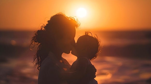 Sunset Embrace Mother39s Tender Kiss at the Beach Silhouette