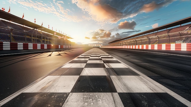 Sunset at an empty racing track with checkered finish line and grandstands