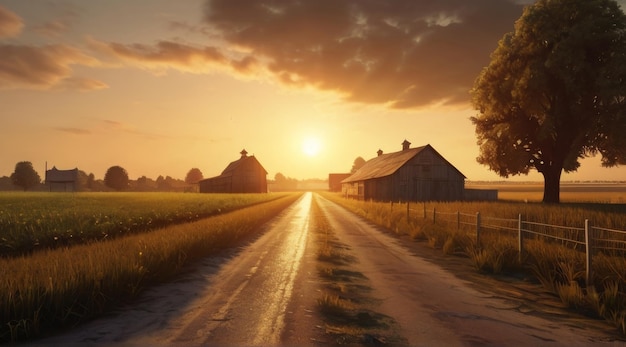 a sunset on a farm with a field of wheat and a barn in the background