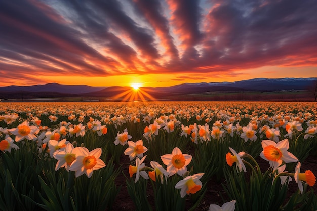 Sunset over a field of daffodils