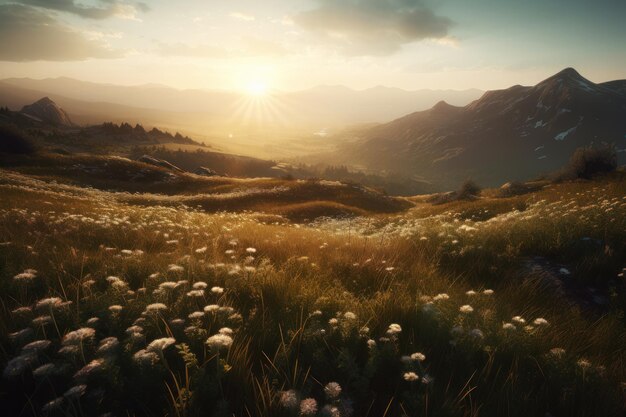 Sunset over a field of dandelions