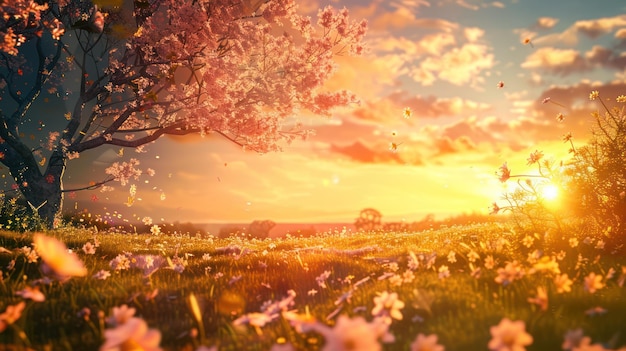 Sunset Over a Field of Flowers