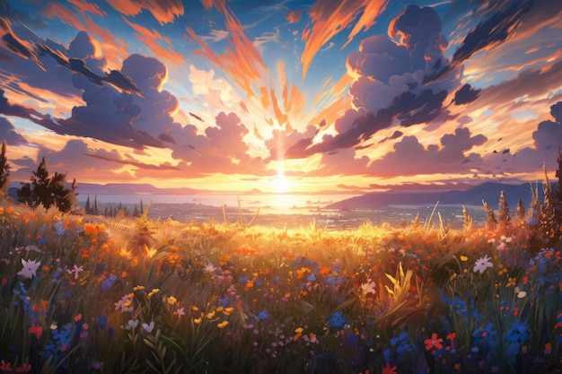 Sunset on a field of flowers