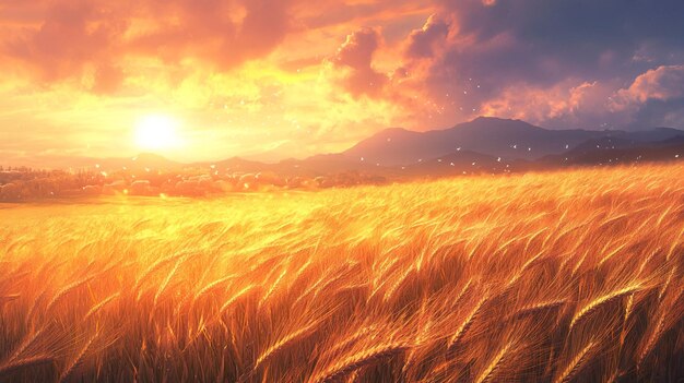 Photo a sunset over a field of grass with the sun setting behind it