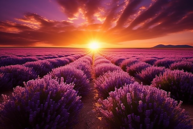 Sunset over a field of lavender or other aromatic herbs