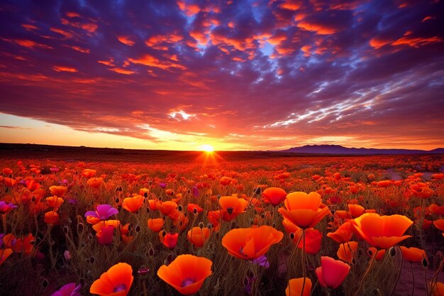 Sunset over a field of poppies or other wildflowers