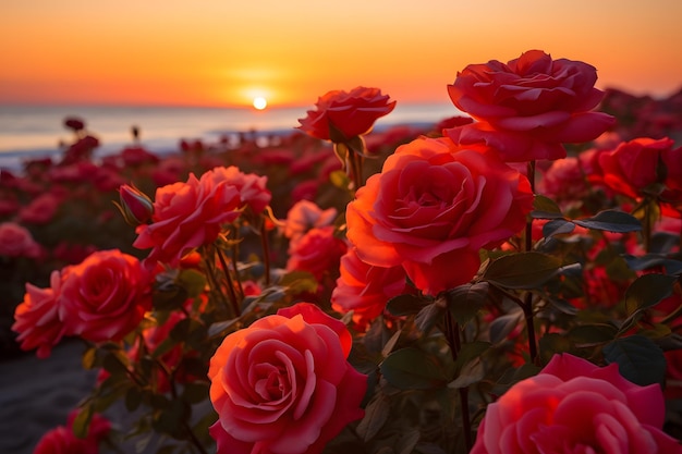 a sunset over a field of red roses