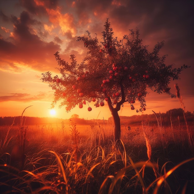 sunset in the field tree on sunset background