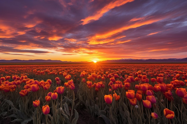 Sunset over a field of tulips or other colorful flowers