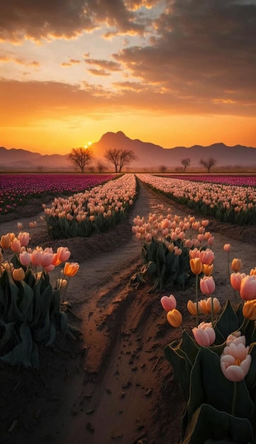 A sunset in a field of tulips