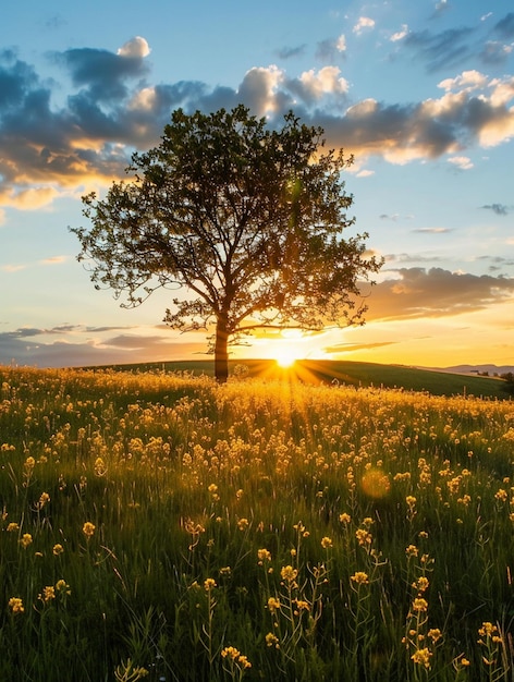 Sunset Over Field of Wildflowers with Lone Tree