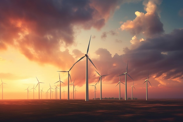 Sunset behind a field of wind turbines or other renewable energy sources