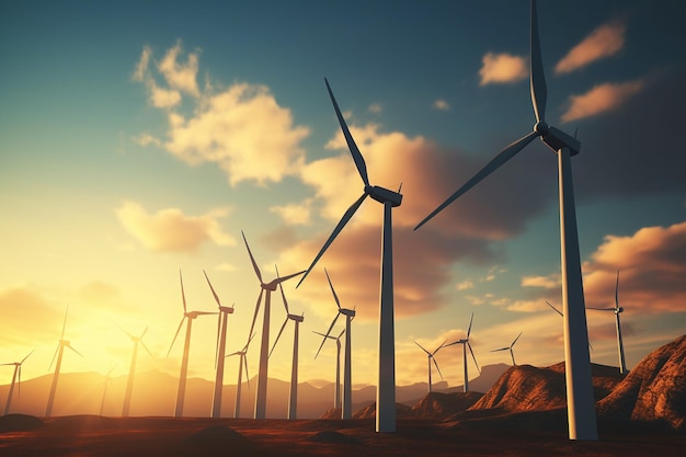 Sunset behind a field of wind turbines or other renewable energy sources