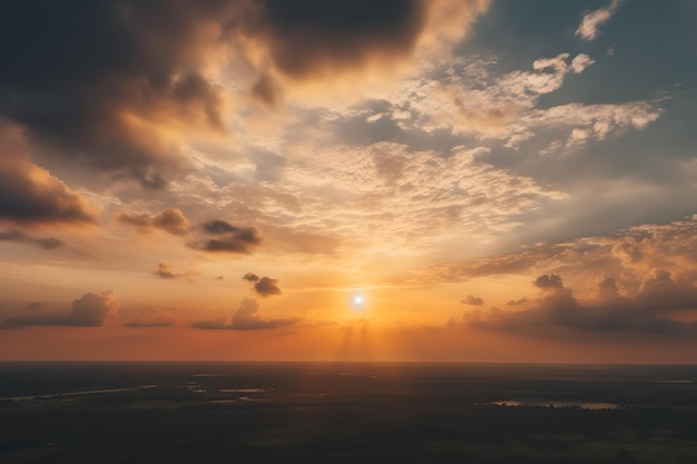 A sunset over a field with clouds and the sun shining down