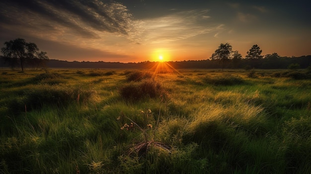 A sunset over a field with the sun setting behind it