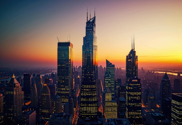 At sunset the Financial Center skyscraper stands tall against the backdrop of the city skyline