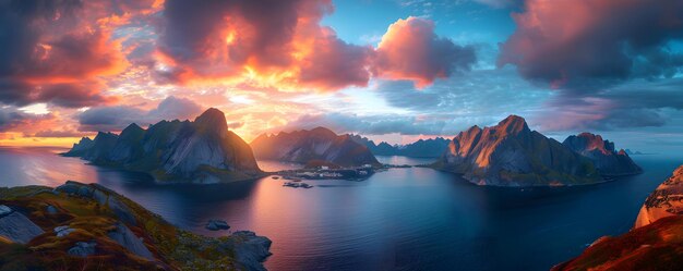 Photo sunset over a fjord in a mountainous landscape