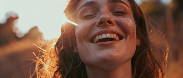 Sunset flare graces a freckled woman39s joyous face in a tranquil outdoor setting