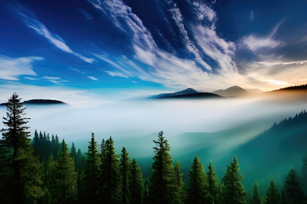 A sunset over a forest with mountains in the background