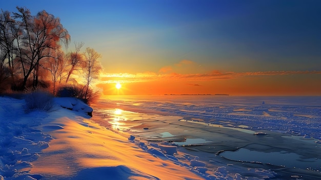 Photo a sunset on a frozen lake