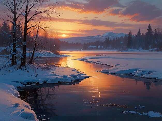 a sunset over a frozen river with mountains in the background