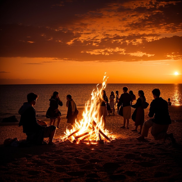 Sunset Gathering by the Sea Joyful Crowd Enjoys Bonfire on the Beach