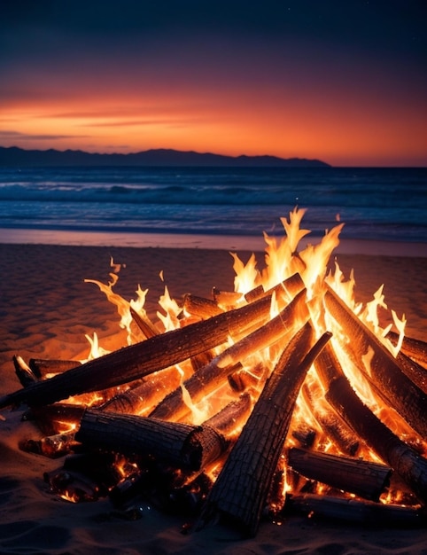 Sunset Gathering by the Sea Joyful Crowd Enjoys Bonfire on the Beach