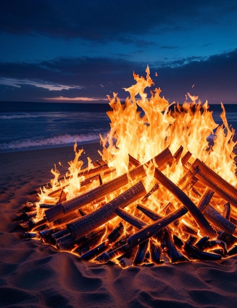 Sunset Gathering by the Sea Joyful Crowd Enjoys Bonfire on the Beach