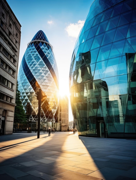 Sunset Gleaming Behind Iconic Urban Glass Buildings