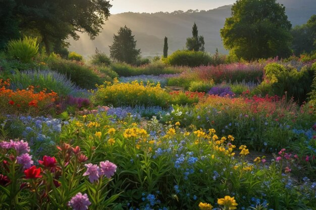 Sunset Glow over Flourishing Garden