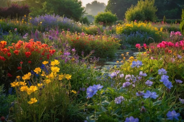 Sunset Glow over Flourishing Garden