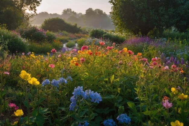 Sunset Glow over Flourishing Garden