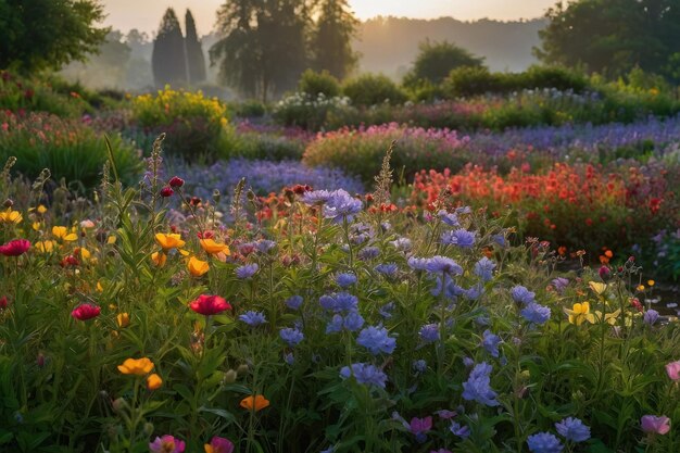 Sunset Glow over Flourishing Garden