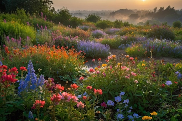 Sunset Glow over Flourishing Garden