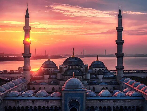 Sunset Glow Illuminates a Mosque on the Horizon