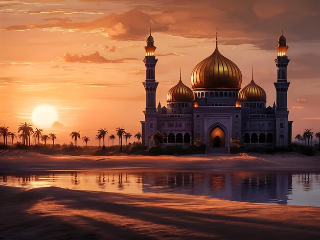 Sunset Glow Illuminates a Mosque on the Horizon