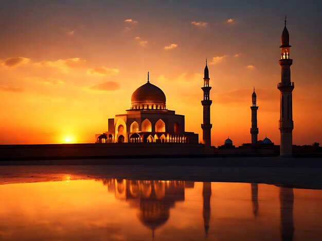 Sunset Glow Illuminates a Mosque on the Horizon