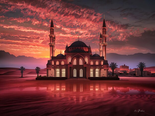 Sunset Glow Illuminates a Mosque on the Horizon