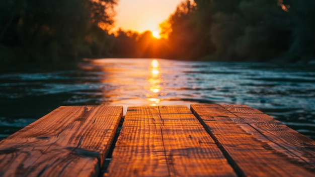 Sunset glow on a wooden platform background river