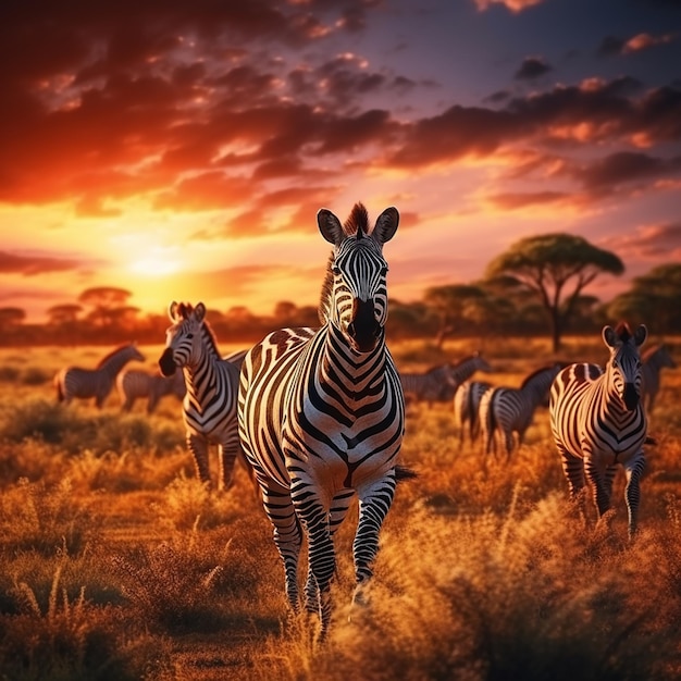 Sunset Grazing Zebra Herd on the Savannah