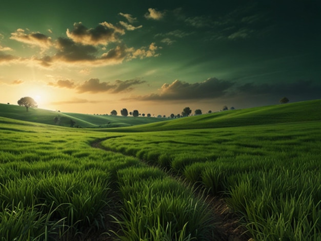 a sunset over a green field with a road leading to a forest